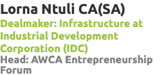 Lorna Ntuli CA(SA) Dealmaker: Infrastructure at Industrial Development Corporation (IDC) Head: AWCA Entrepreneurship Forum